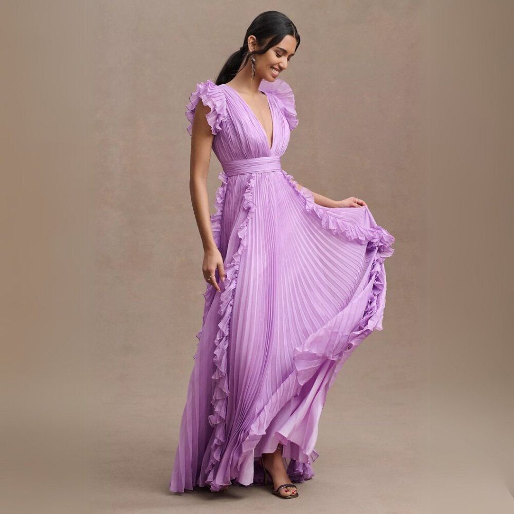 NWT Mac Duggal 49539 Size 14 Lilac Purple Pleated Ruffled V-Neck Maxi Gown Dress
